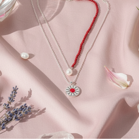 A layered necklace set featuring a red carnelian pendant necklace and a freshwater pearl choker styled on soft pink fabric with delicate floral accents. — for Carpe Diem Dream