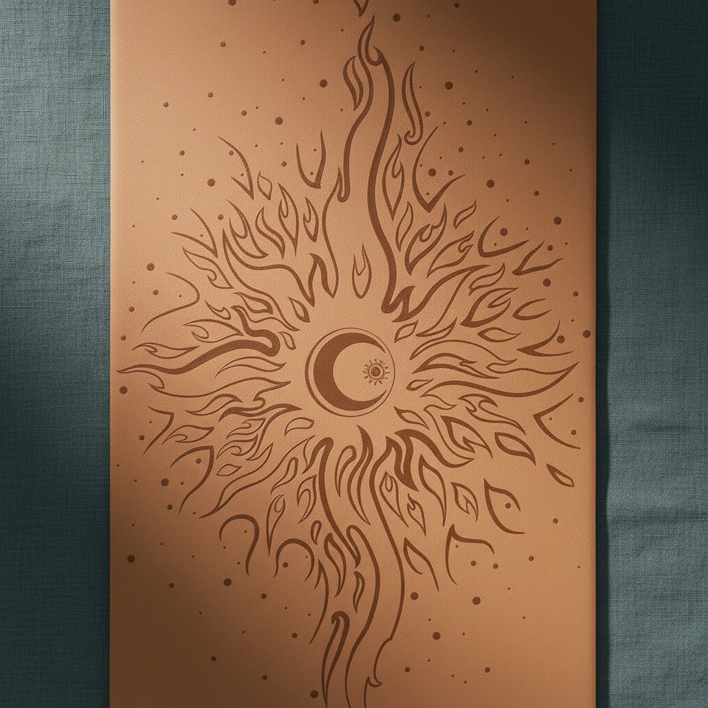 Close-up view of the warm coffee celestial yoga mat featuring detailed sun and moon yin yang artwork against a deep teal textured background. — for Carpe Diem Dream