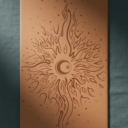 Close-up view of the warm coffee celestial yoga mat featuring detailed sun and moon yin yang artwork against a deep teal textured background. — for Carpe Diem Dream