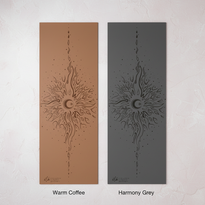 Warm coffee and harmony grey celestial yoga mats featuring sun and moon yin yang artwork displayed side by side against a soft textured studio wall. — for Carpe Diem Dream