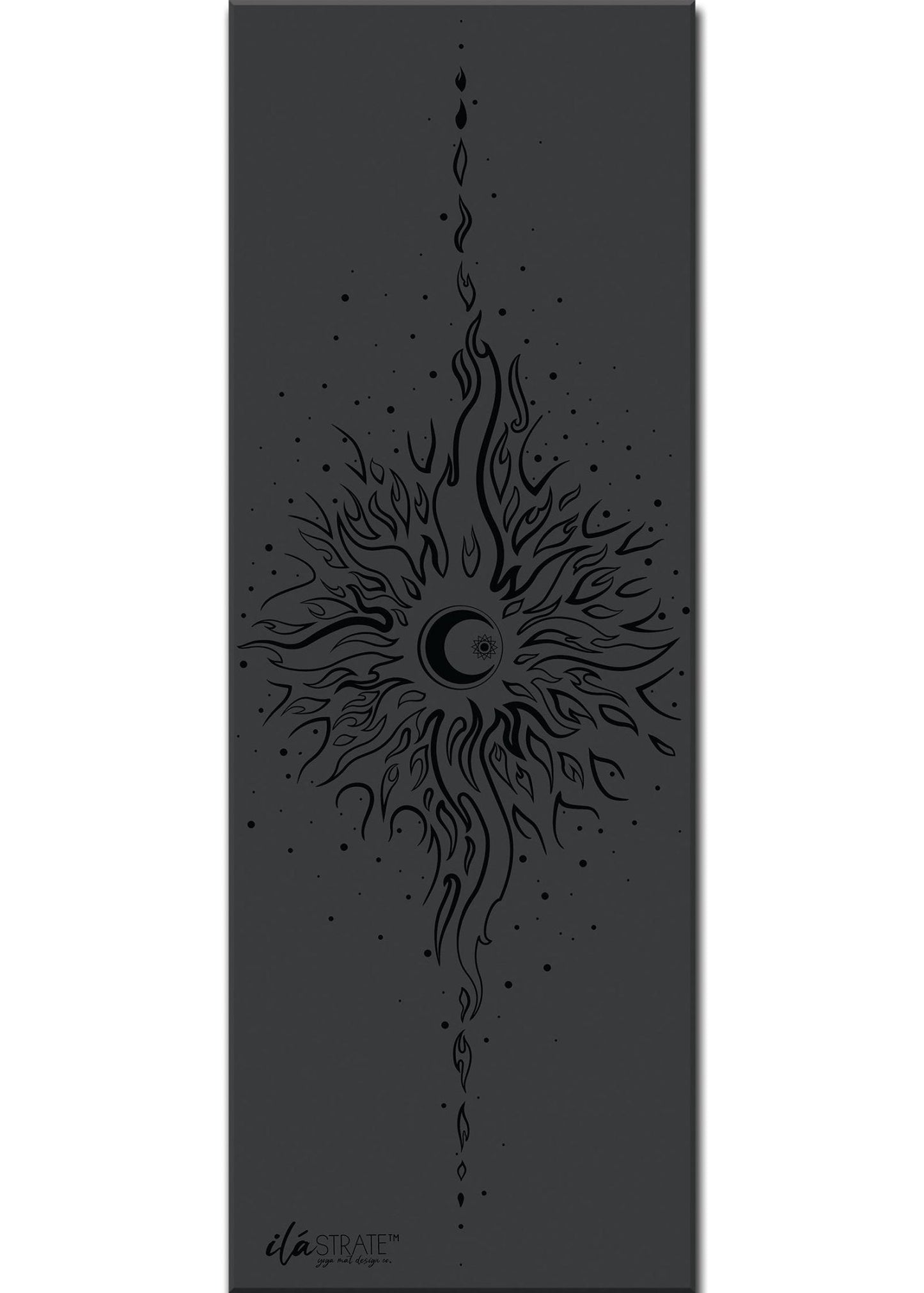 Harmony grey celestial yoga mat featuring sun and moon yin yang artwork displayed on a clean white background. — for Carpe Diem Dream