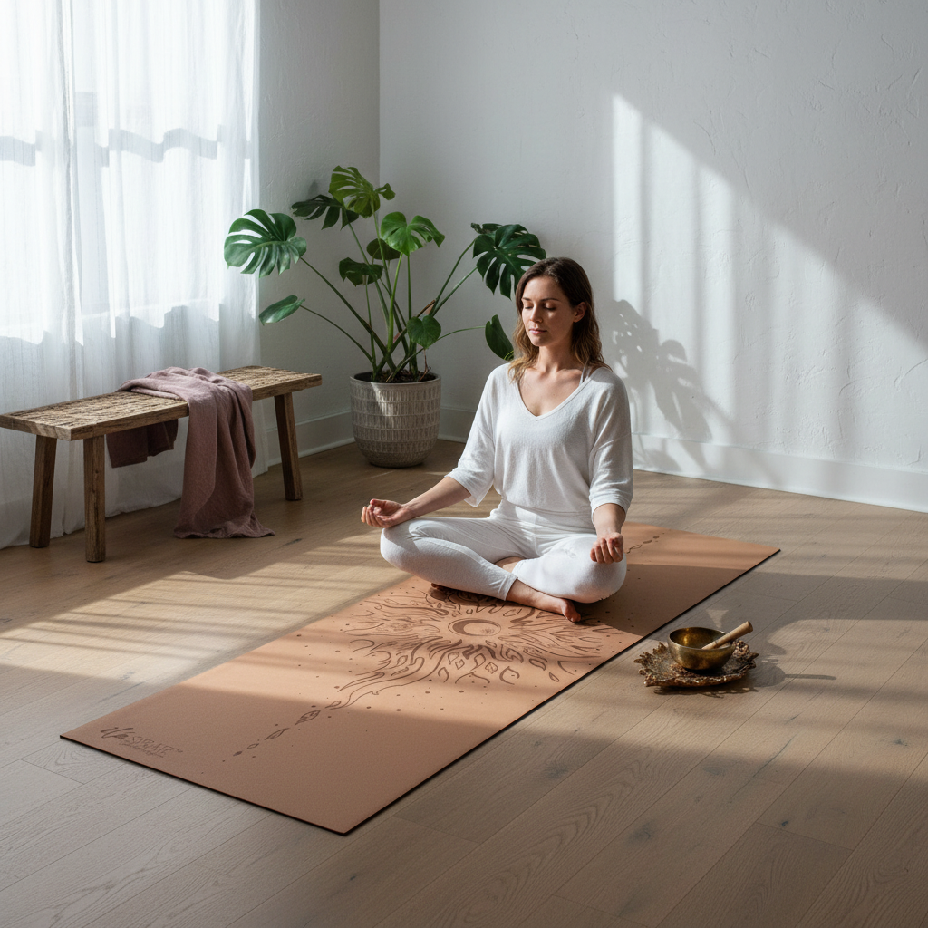 Woman meditating on a warm coffee celestial yoga mat featuring sun and moon artwork in a softly lit wellness room with natural wood flooring and indoor plants. — for Carpe Diem Dream