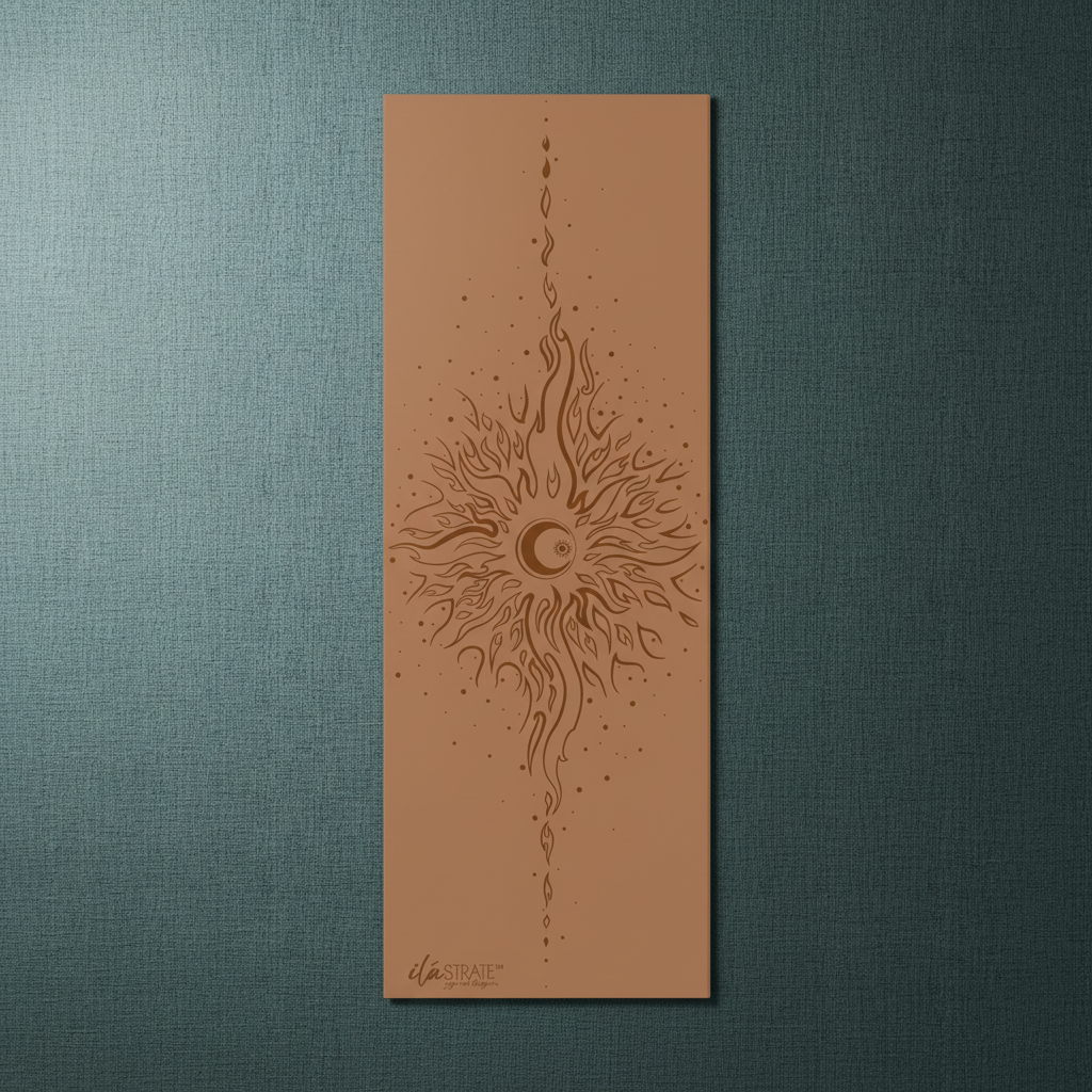 Warm coffee celestial yoga mat featuring a sun and moon yin yang design displayed against a deep teal textured background. — for Carpe Diem Dream