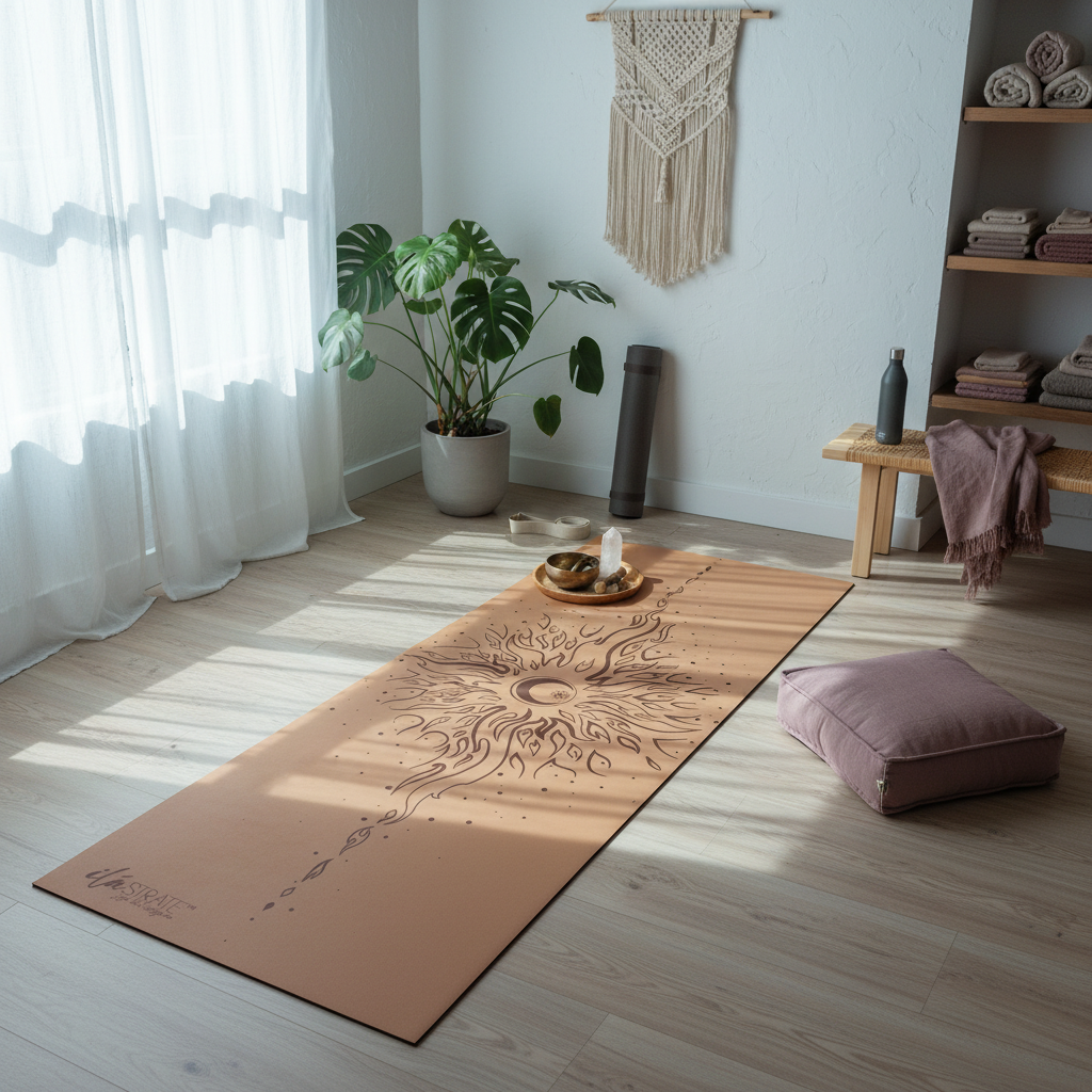 Warm coffee celestial yoga mat featuring sun and moon yin yang artwork displayed in a serene wellness room with mauve meditation cushion, indoor plants, and soft morning light. — for Carpe Diem Dream