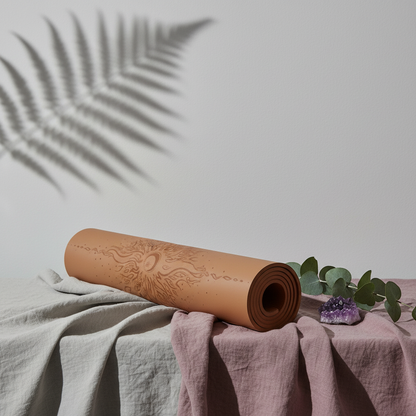 Rolled warm coffee celestial yoga mat with sun and moon artwork displayed on layered mauve and natural linen fabric beside eucalyptus stems and an amethyst crystal with soft botanical shadows. — for Carpe Diem Dream