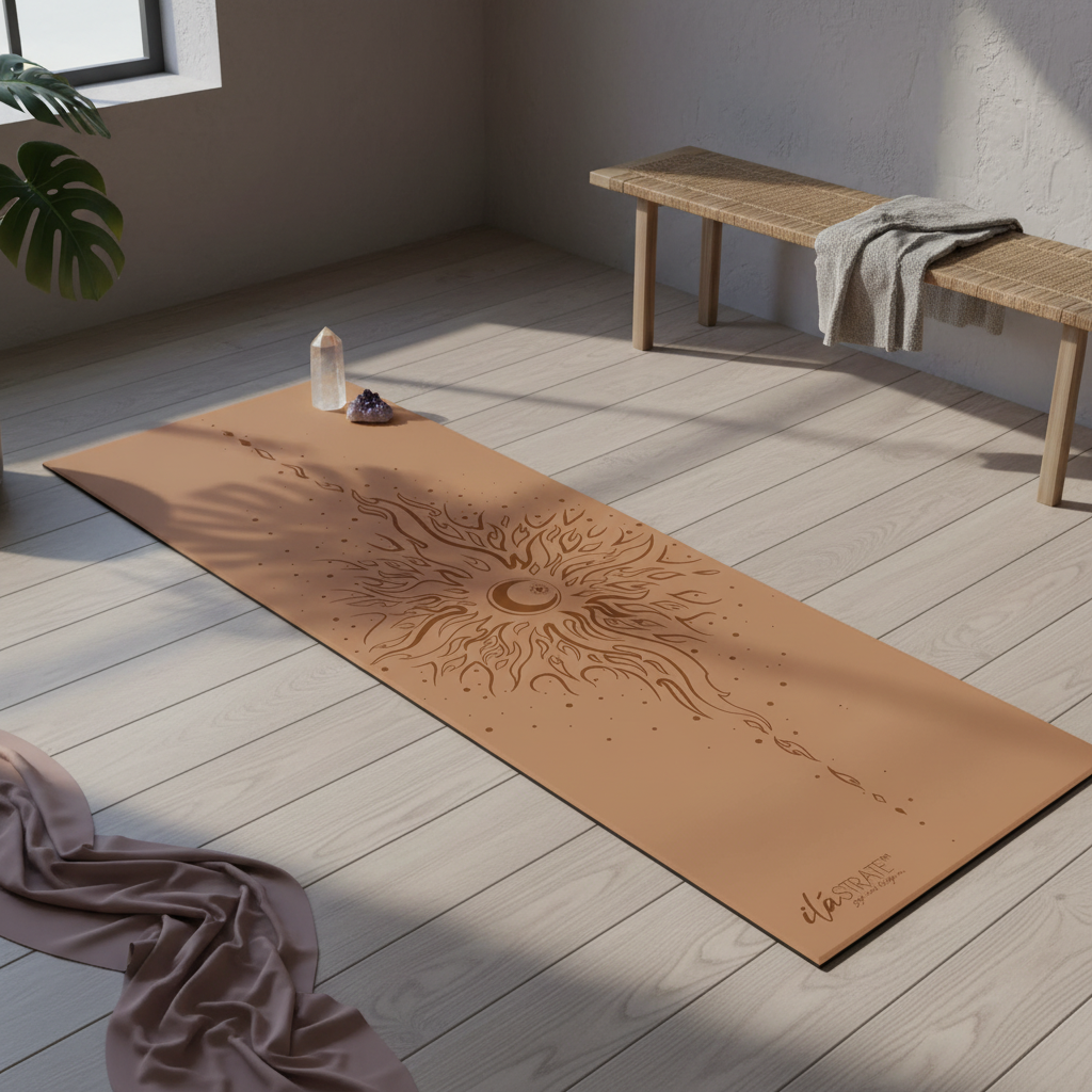 Warm coffee celestial yoga mat featuring sun and moon yin yang artwork displayed diagonally in a softly lit wellness room with mauve fabric, crystal accents, and natural wood flooring. — for Carpe Diem Dream