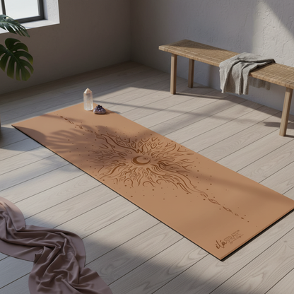 Warm coffee celestial yoga mat featuring sun and moon yin yang artwork displayed diagonally in a softly lit wellness room with mauve fabric, crystal accents, and natural wood flooring. — for Carpe Diem Dream