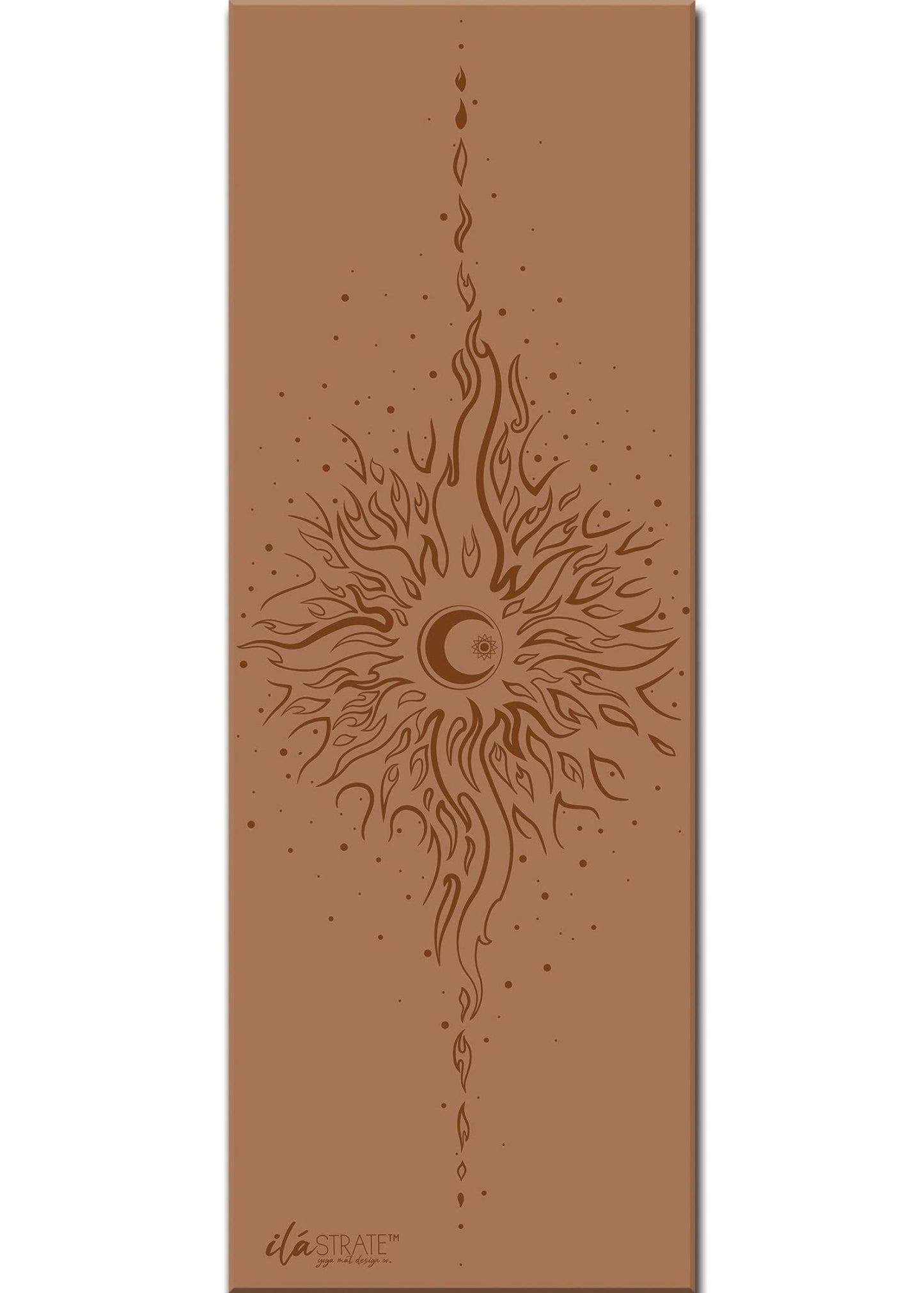 Warm coffee celestial yoga mat featuring sun and moon yin yang artwork displayed on a clean white background. — for Carpe Diem Dream
