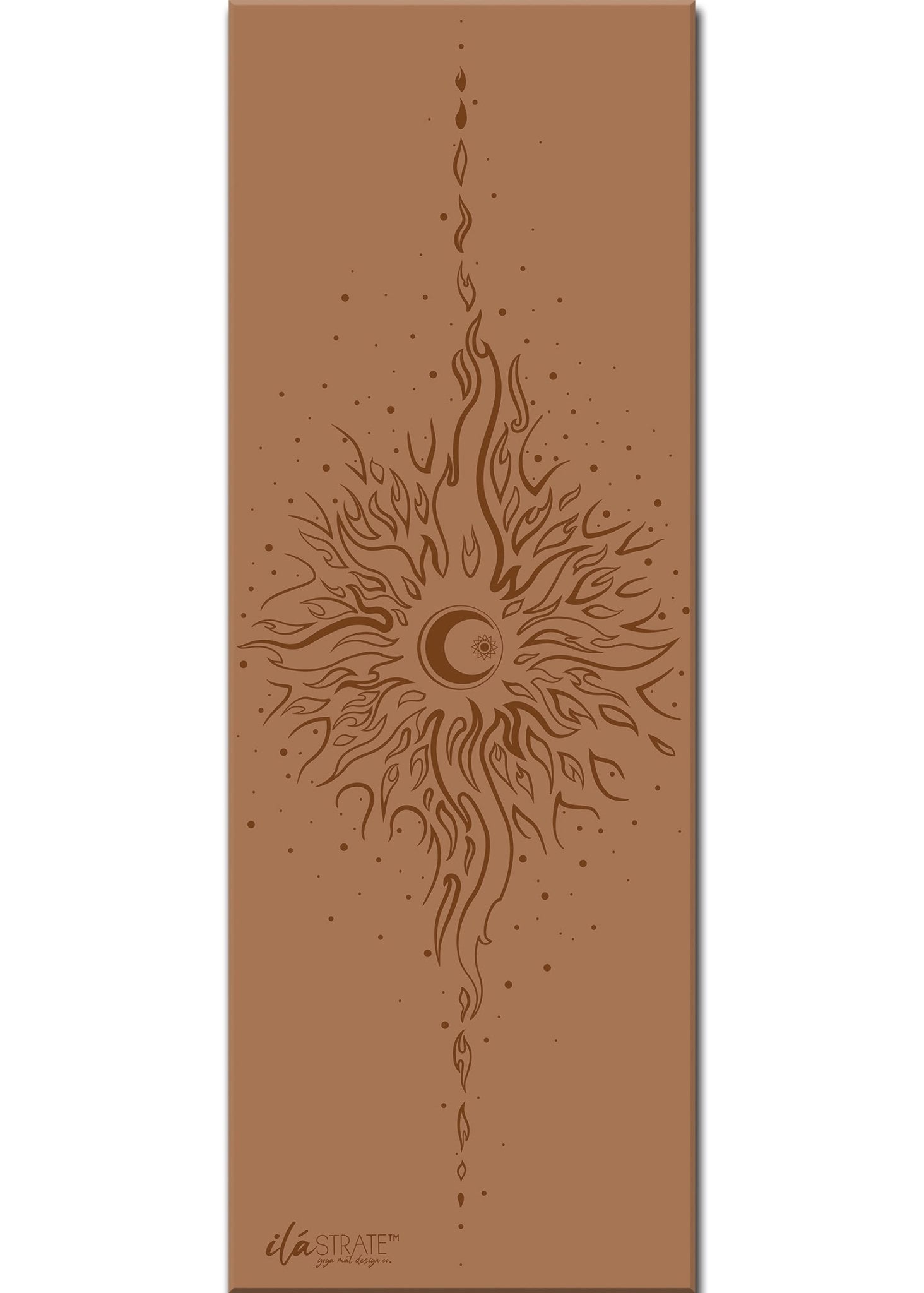 Warm coffee celestial yoga mat featuring sun and moon yin yang artwork displayed on a clean white background. — for Carpe Diem Dream