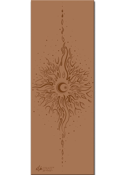 Warm coffee celestial yoga mat featuring sun and moon yin yang artwork displayed on a clean white background. — for Carpe Diem Dream