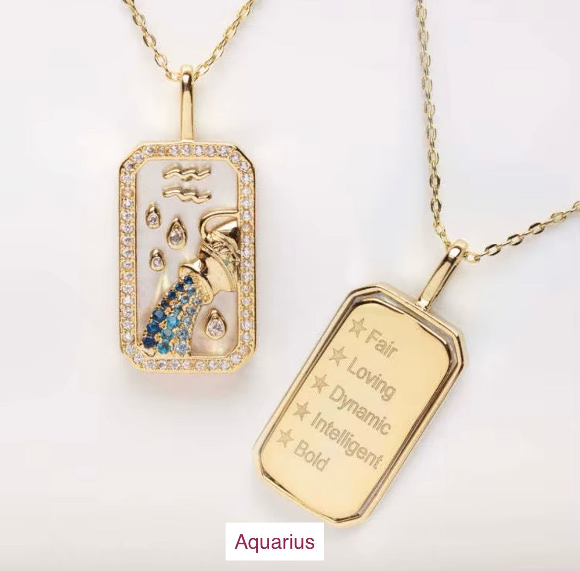 An 18K gold Aquarius zodiac pendant necklace with constellation detailing and engraved Aquarius traits displayed on a white background. — for Carpe Diem Dream