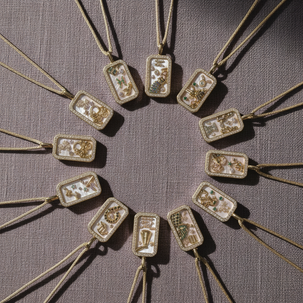 Multiple 18K gold zodiac pendant necklaces arranged in a circular layout on a mauve textured linen surface in soft natural light. — for Carpe Diem Dream