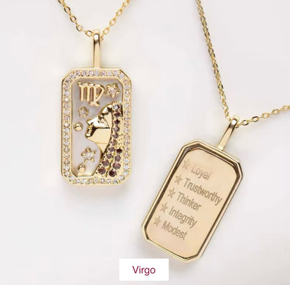 An 18K gold Virgo zodiac pendant necklace with constellation detailing and engraved Virgo traits displayed on a white background. — for Carpe Diem Dream
