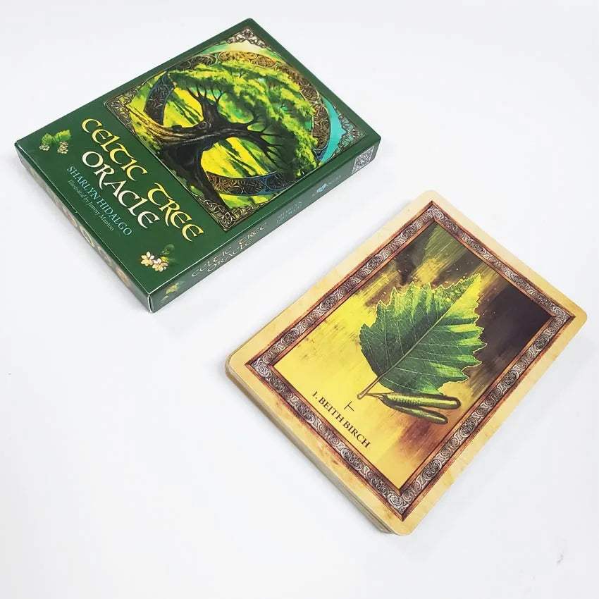 Celtic Tree Oracle card deck box shown alongside a single illustrated tree card on a white background. — for Carpe Diem Dream