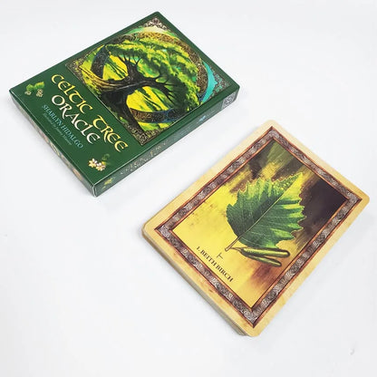 Celtic Tree Oracle card deck box shown alongside a single illustrated tree card on a white background. — for Carpe Diem Dream