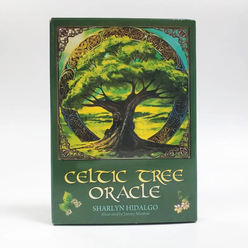 Front view of Celtic Tree Oracle card deck box featuring a vibrant green tree illustration on a white background. — for Carpe Diem Dream