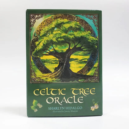 Front view of Celtic Tree Oracle card deck box featuring a vibrant green tree illustration on a white background. — for Carpe Diem Dream
