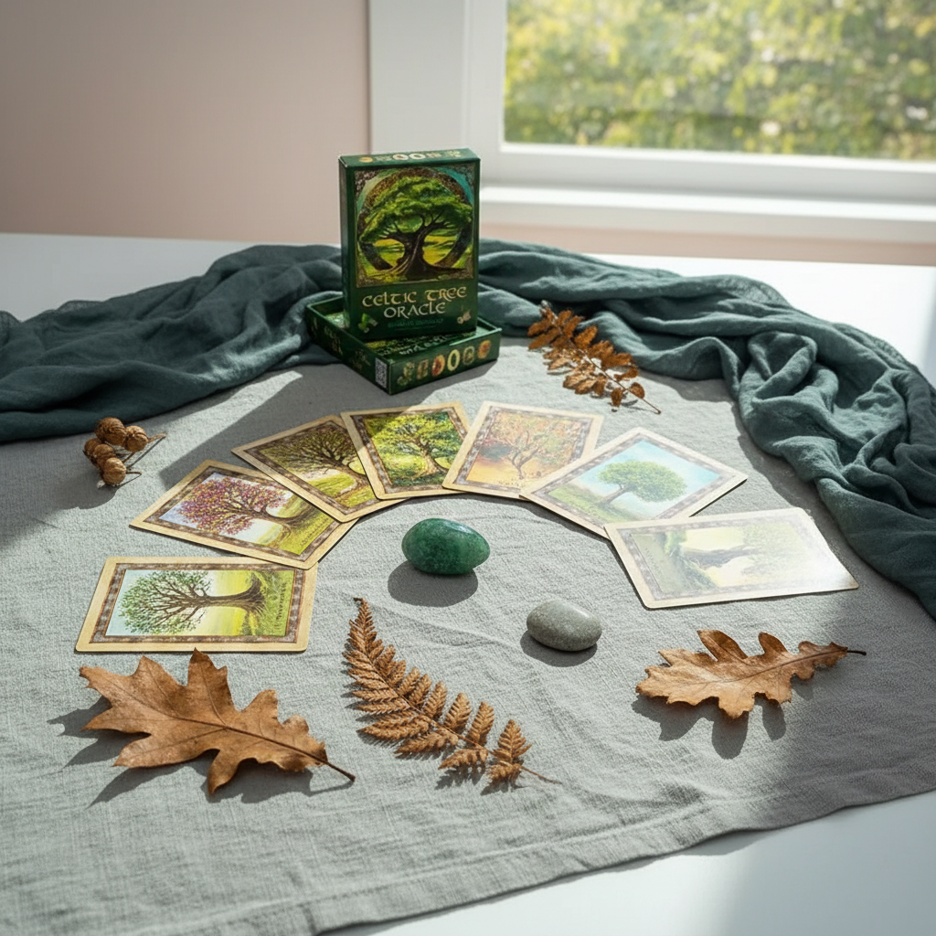 Celtic Tree Oracle cards arranged in a circular spread with natural elements like leaves and stones on soft fabric in a serene, nature-inspired setting. — for Carpe Diem Dream