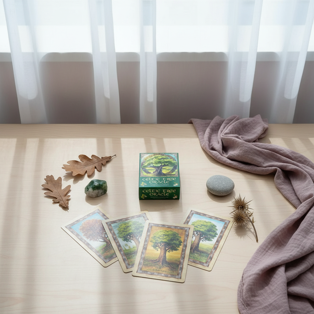 Celtic Tree Oracle cards laid out on a wooden surface with the deck box, natural elements, and soft draped fabric in a calm, sunlit home setting. — for Carpe Diem Dream