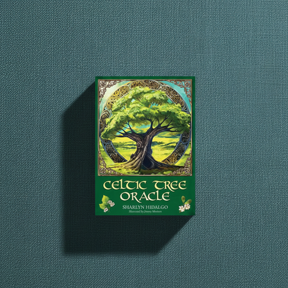 Celtic Tree Oracle card deck box featuring a vibrant green tree illustration displayed upright on a deep teal textured linen background with soft directional lighting. — for Carpe Diem Dream