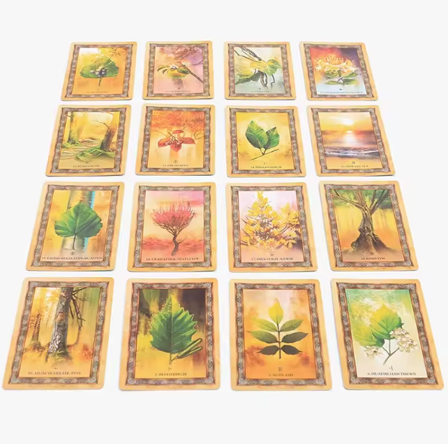Multiple Celtic Tree Oracle cards arranged in a larger grid layout on a white background, showcasing a variety of tree and seasonal illustrations. — for Carpe Diem Dream