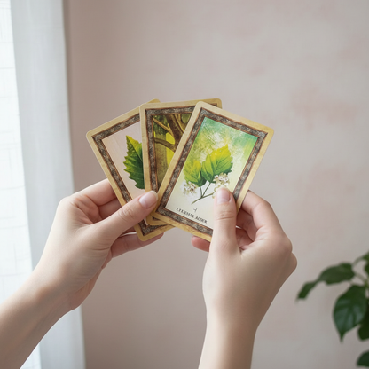 Hands holding Celtic Tree Oracle cards to show size and detail, with natural light and a soft, minimal background. — for Carpe Diem Dream