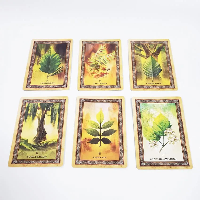 Six Celtic Tree Oracle cards displayed in two rows on a white background, each featuring detailed tree and leaf illustrations. — for Carpe Diem Dream