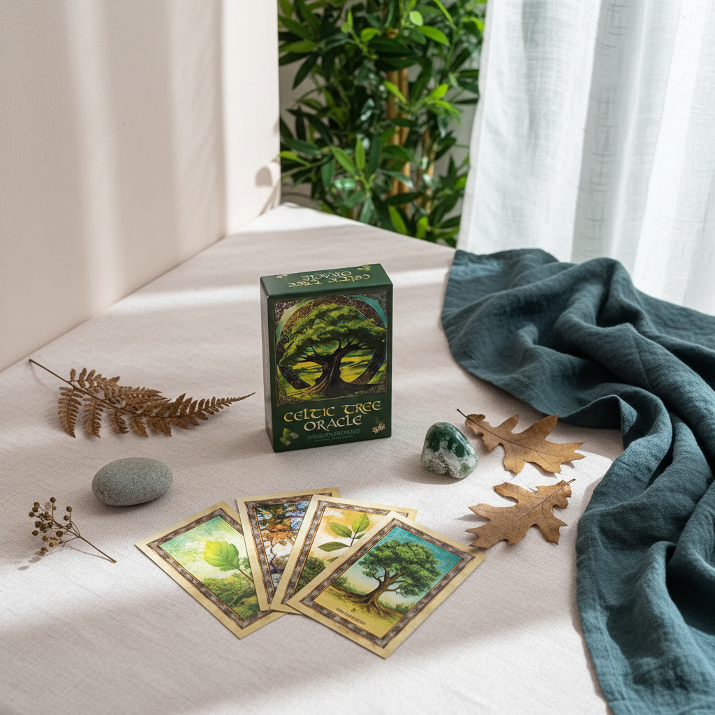 Celtic Tree Oracle card deck arranged on soft fabric with crystals, leaves, and natural elements in a calm spa-like setting. — for Carpe Diem Dream