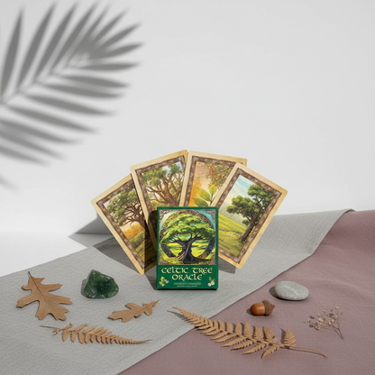 Celtic Tree Oracle cards displayed in a fan with the deck box centered on a soft neutral fabric alongside botanical elements, crystals, and natural textures in a calm studio setting. — for Carpe Diem Dream