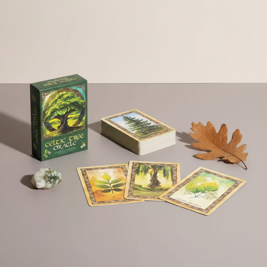 Celtic Tree Oracle deck displayed with cards laid out beside the box and natural elements, styled in a calm, minimalist home setting. — for Carpe Diem Dream