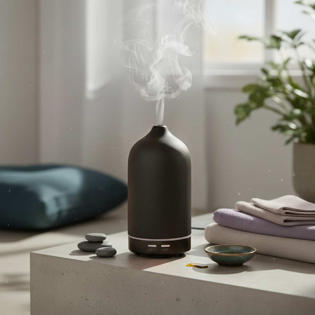 A matte black ceramic diffuser releasing a soft mist on a stone surface beside folded towels, stones, and a small dish in a softly lit home setting with natural light. — for Carpe Diem Dream