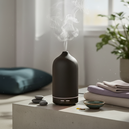 A matte black ceramic diffuser releasing a soft mist on a stone surface beside folded towels, stones, and a small dish in a softly lit home setting with natural light. — for Carpe Diem Dream