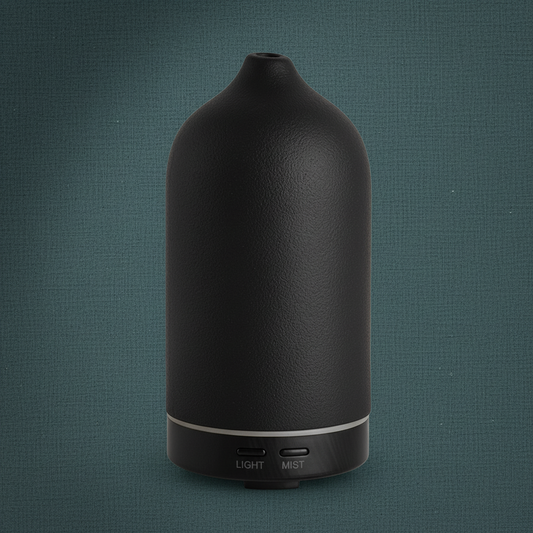 A matte black ceramic ultrasonic diffuser with a minimalist rounded design displayed on a muted teal textured background with soft natural light. — for Carpe Diem Dream