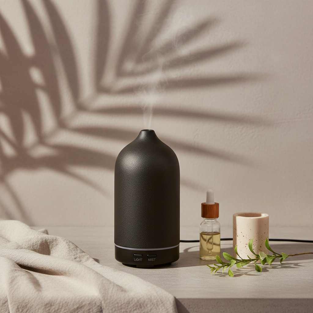 A matte black ceramic diffuser releasing a soft mist on a neutral textured surface with a small essential oil bottle and botanical elements in soft natural light. — for Carpe Diem Dream