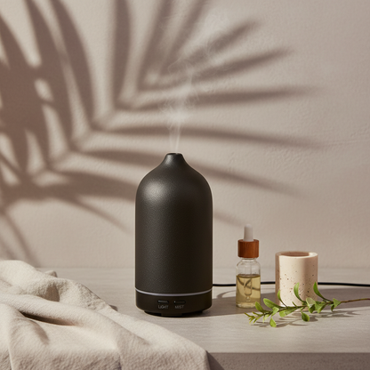 A matte black ceramic diffuser releasing a soft mist on a neutral textured surface with a small essential oil bottle and botanical elements in soft natural light. — for Carpe Diem Dream