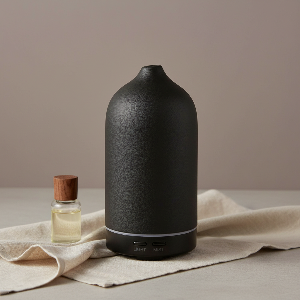 A matte black ceramic diffuser displayed on a neutral surface with a small essential oil bottle and soft fabric in clean, minimal lighting. — for Carpe Diem Dream