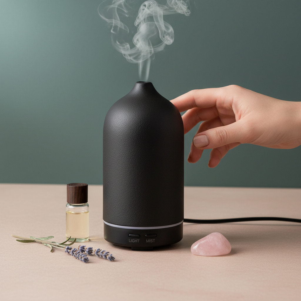 A ceramic diffuser displayed beside a hand to show its size on a neutral surface, with lavender sprigs, essential oil, and a  rose quartz crystal. — for Carpe Diem Dream