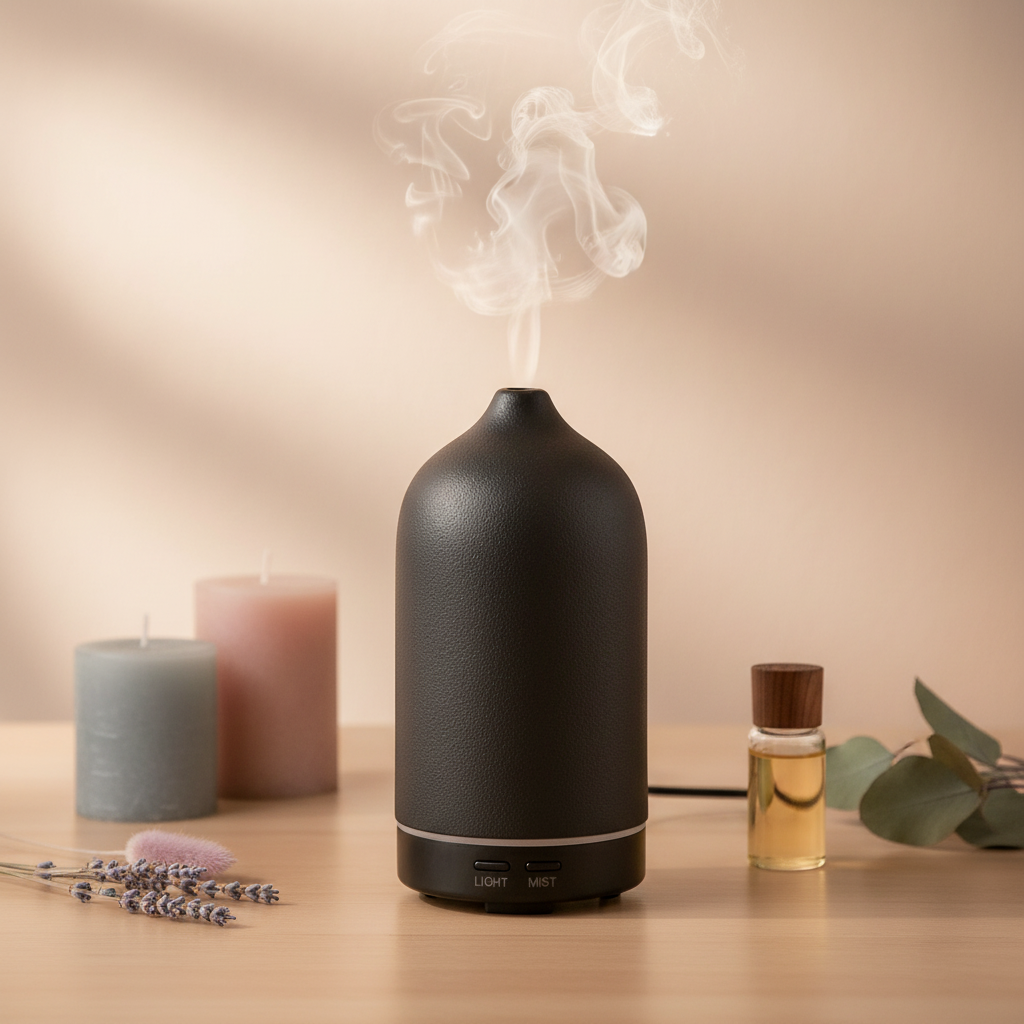 A ceramic diffuser styled on a wood counter with candles, lavender, eucalyptus, and an essential oil bottle against a soft beige wall. — for Carpe Diem Dream