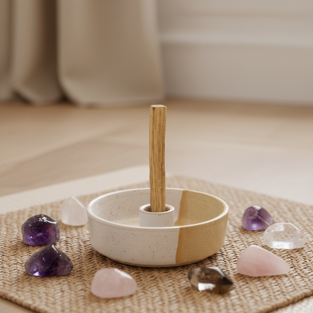 A ceramic palo santo burner with a smudge stick placed on a woven mat surrounded by crystals in a calm meditation setting. — for Carpe Diem Dream