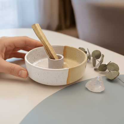A ceramic palo santo burner with a smudge stick shown beside a hand for scale with a crystal and greenery on a soft neutral surface. — for Carpe Diem Dream