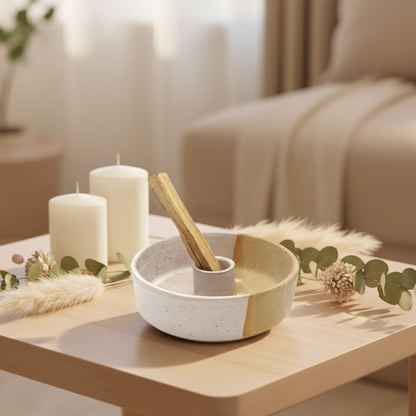 A ceramic palo santo burner with a smudge stick displayed on a wooden table with candles and soft neutral decor in a calm spa setting. — for Carpe Diem Dream