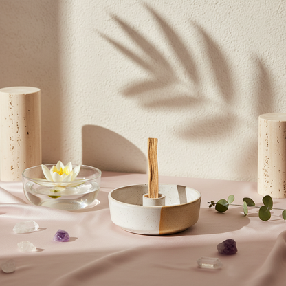 A ceramic palo santo burner with a smudge stick displayed on soft fabric with crystals, candles, and botanical shadows in warm natural light. — for Carpe Diem Dream