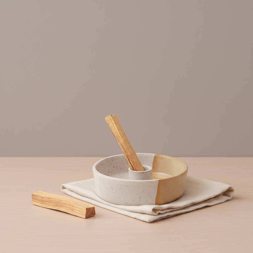 A ceramic palo santo burner with a smudge stick placed upright on folded fabric with an extra palo santo stick beside it on a neutral surface. — for Carpe Diem Dream