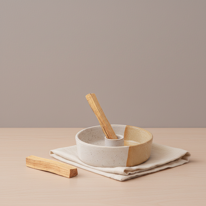 A ceramic palo santo burner with a smudge stick placed upright on folded fabric with an extra palo santo stick beside it on a neutral surface. — for Carpe Diem Dream