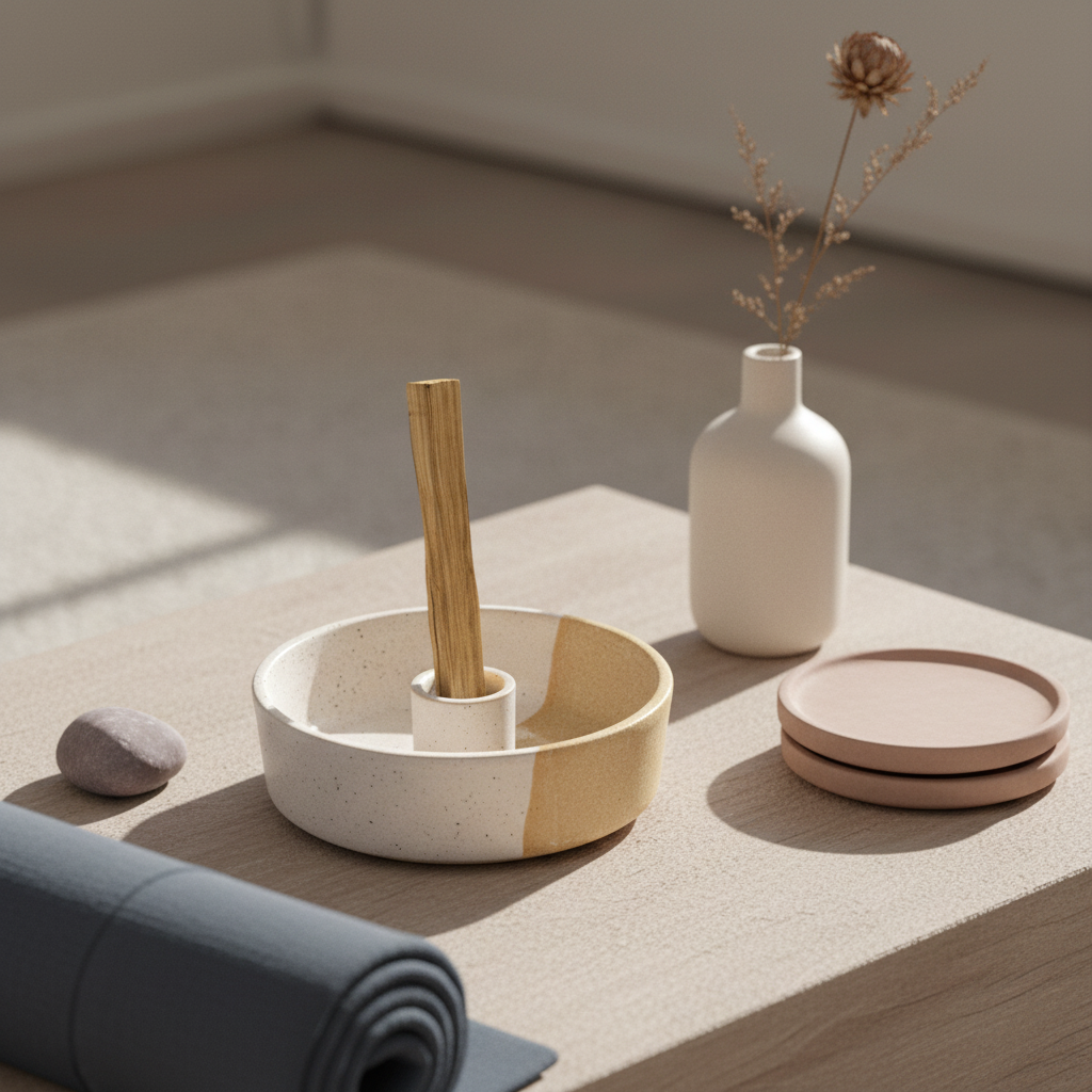 A ceramic palo santo burner with a smudge stick displayed on a styled table with a vase, coasters, and soft neutral decor in natural light. — for Carpe Diem Dream