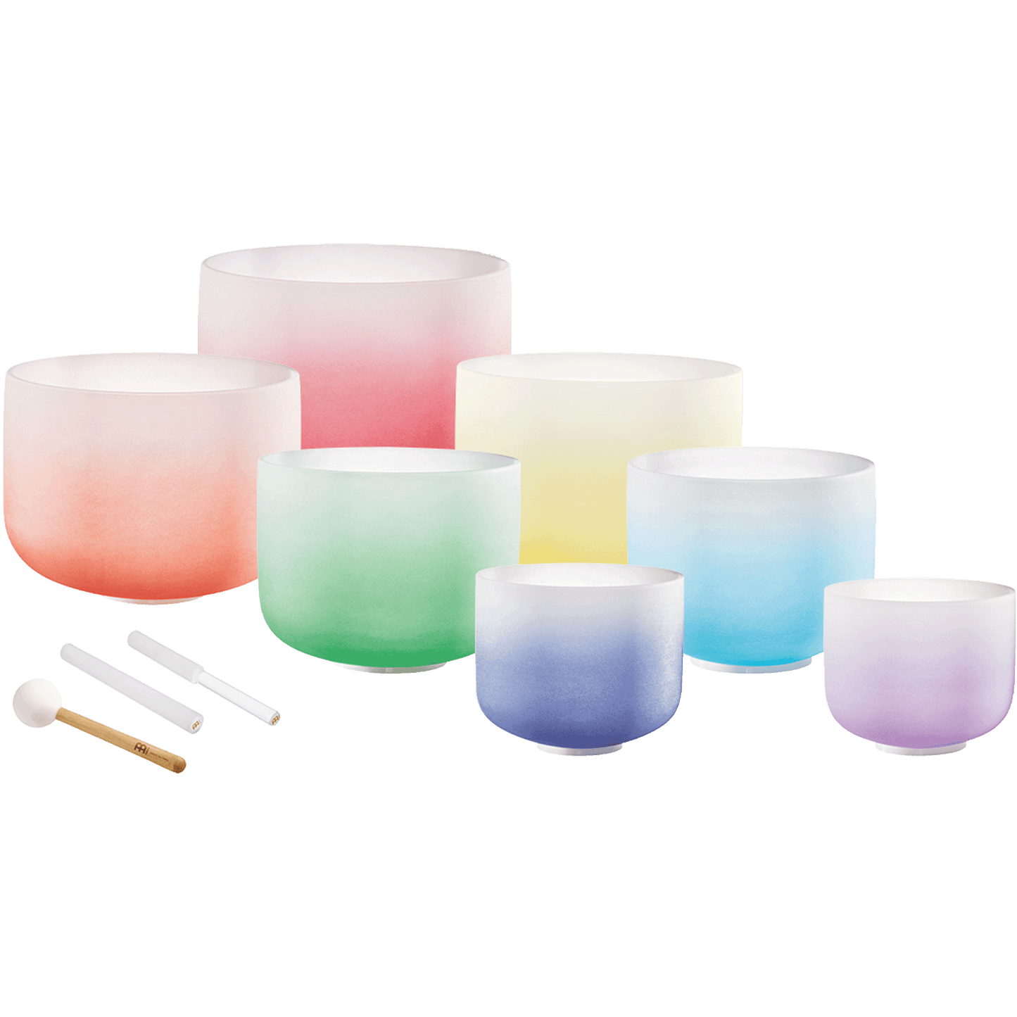 Seven gradient color frosted quartz crystal singing bowls in ascending sizes from 8 to 14 inches with silicone rods and mallet displayed on transparent background — for Carpe Diem Dream
