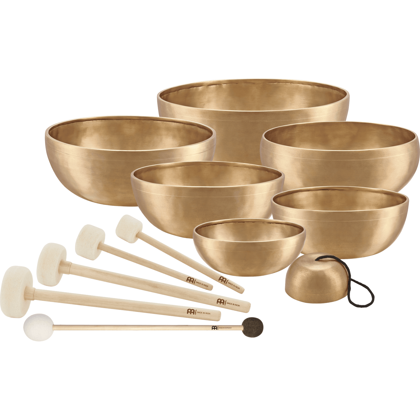 Seven handcrafted bronze singing bowls with five wooden-handled mallets, felt rings, and protective covers arranged as a complete chakra sound healing set on a transparent background. — for Carpe Diem Dream