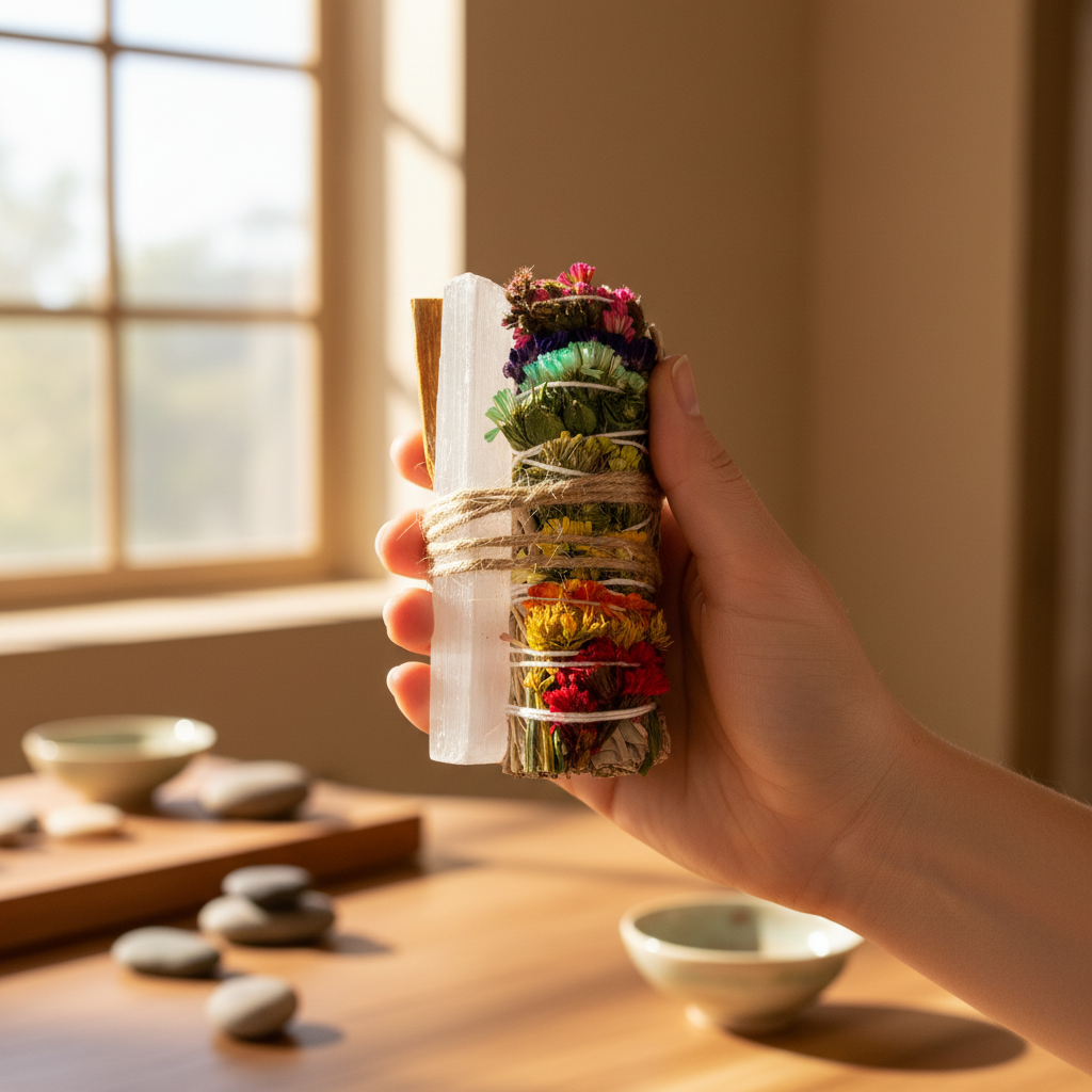A hand holding a chakra sage smudge bundle tied with twine alongside a Palo Santo stick and a raw selenite wand in a softly lit meditation space. — for Carpe Diem Dream