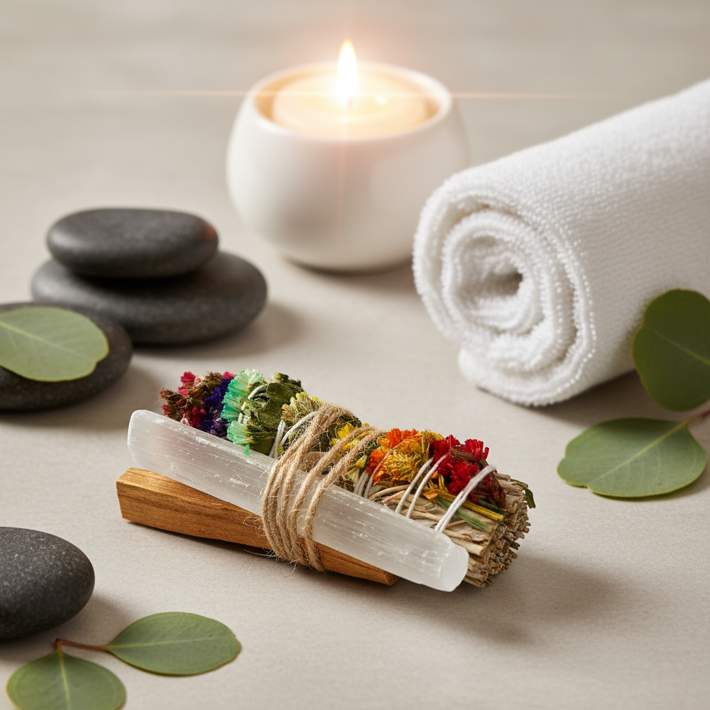 A chakra sage smudge bundle tied with twine resting on a stone surface beside spa stones, a rolled towel, and a lit candle. — for Carpe Diem Dream