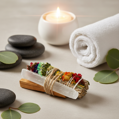 A chakra sage smudge bundle tied with twine resting on a stone surface beside spa stones, a rolled towel, and a lit candle. — for Carpe Diem Dream